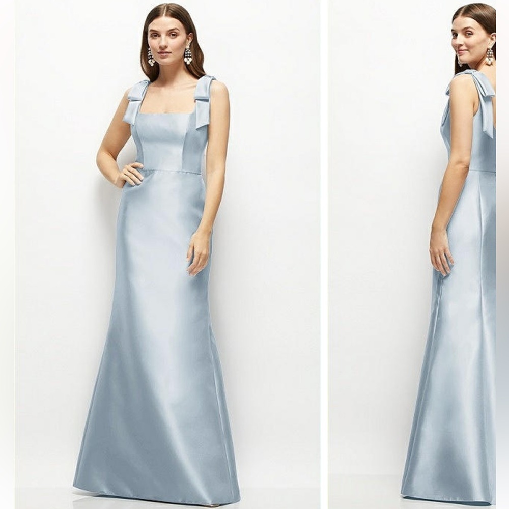 BELLA BRIDESMAID - ALFRED SUNG SATIN FIT AND FLARE MAXI DRESS WITH SHOULDER BOWS